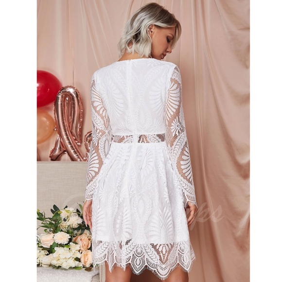 White Elegant Dress Scallop Trim, Zipper Closure Long Sleeve Short, Mini, Lace - Picture 6 of 16
